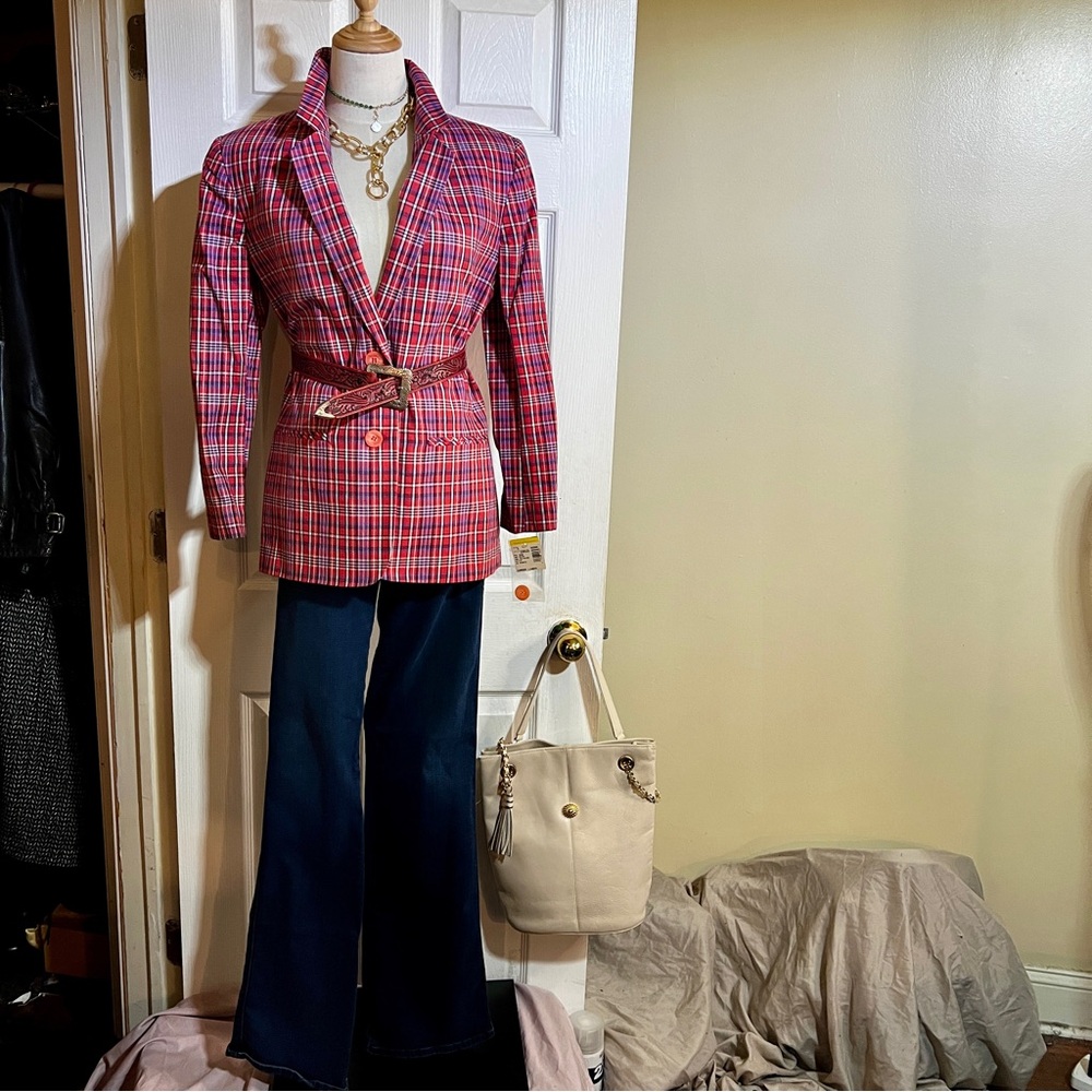 Vintage Cricket Lane New Deadstock Wms Plaid Cotton Knit‎ Lined Preppy Jacket 6P